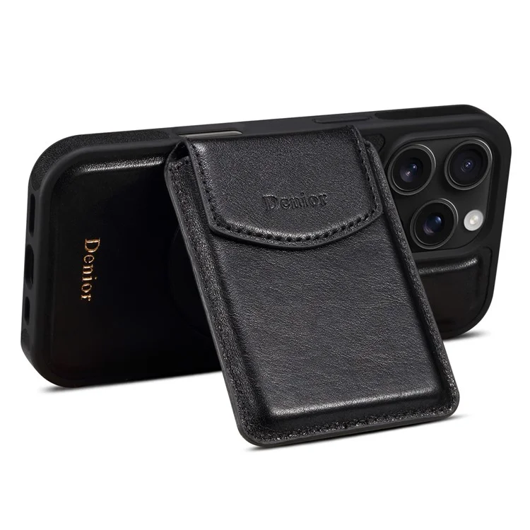 Étui pour iPhone 16 Pro Max DENIOR D22 avec sac à cartes amovible, support rotatif et couvercle arrière en cuir véritable de vache - Noir