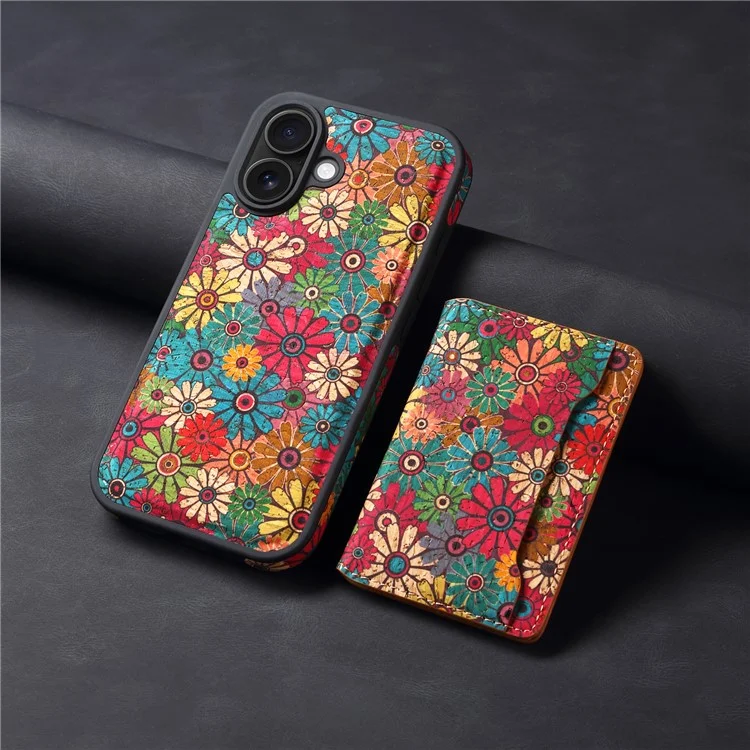 D16 Custodia magnetica staccabile per iPhone 16 con vano porta-carte in pelle con motivo floreale - Verde