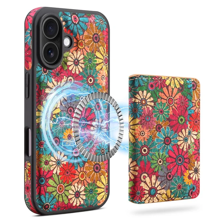 Funda magnética para iPhone 16 Plus D16 Bolsa para tarjetas desmontable Cubierta trasera de cuero con flores - Verde