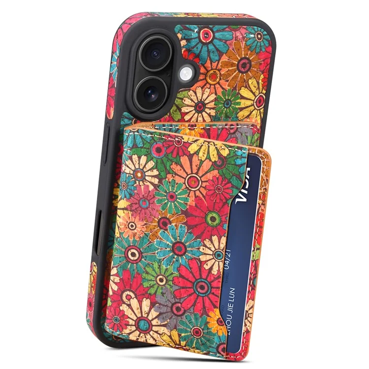 Funda magnética para iPhone 16 Plus D16 Bolsa para tarjetas desmontable Cubierta trasera de cuero con flores - Verde
