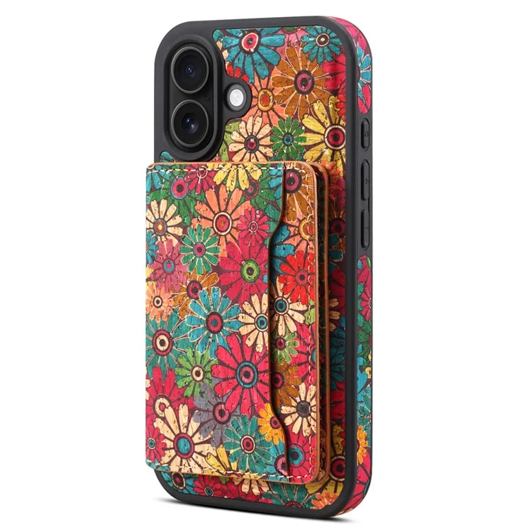 Funda magnética para iPhone 16 Plus D16 Bolsa para tarjetas desmontable Cubierta trasera de cuero con flores - Verde