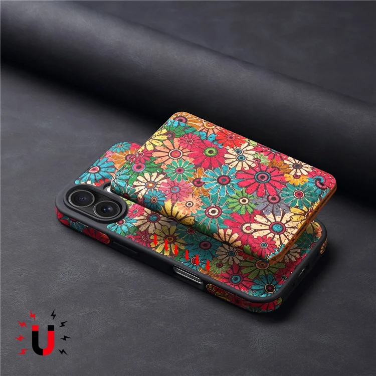Funda magnética para iPhone 16 Plus D16 Bolsa para tarjetas desmontable Cubierta trasera de cuero con flores - Verde