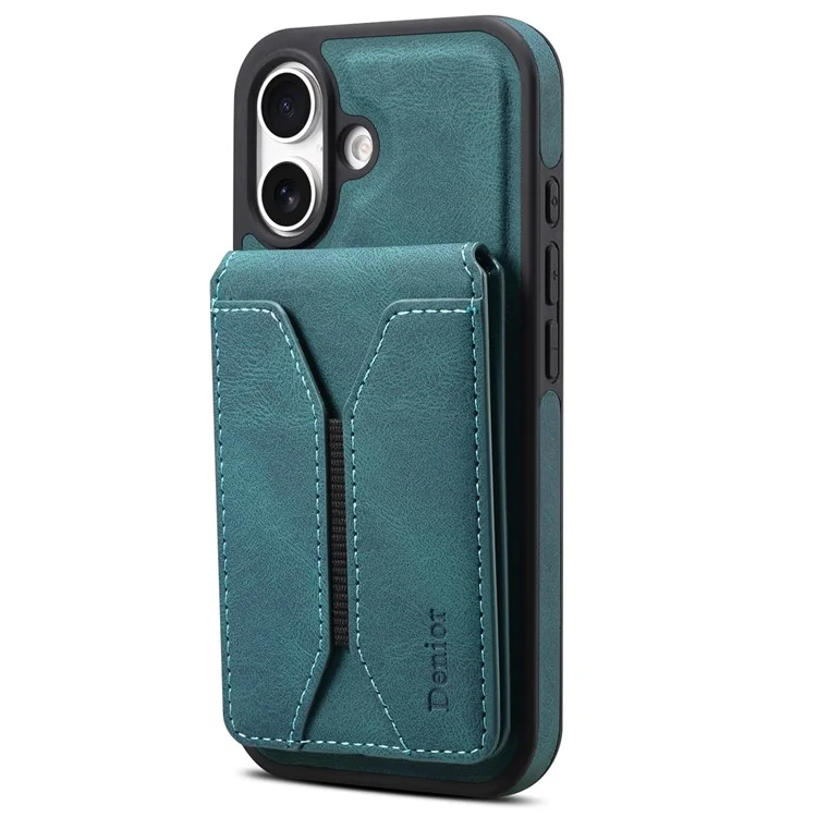 Funda para iPhone 16 DENIOR D18 con anillo, soporte y tarjetero de cuero + PC + TPU - Azul