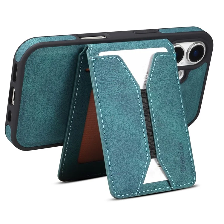Funda para iPhone 16 DENIOR D18 con anillo, soporte y tarjetero de cuero + PC + TPU - Azul