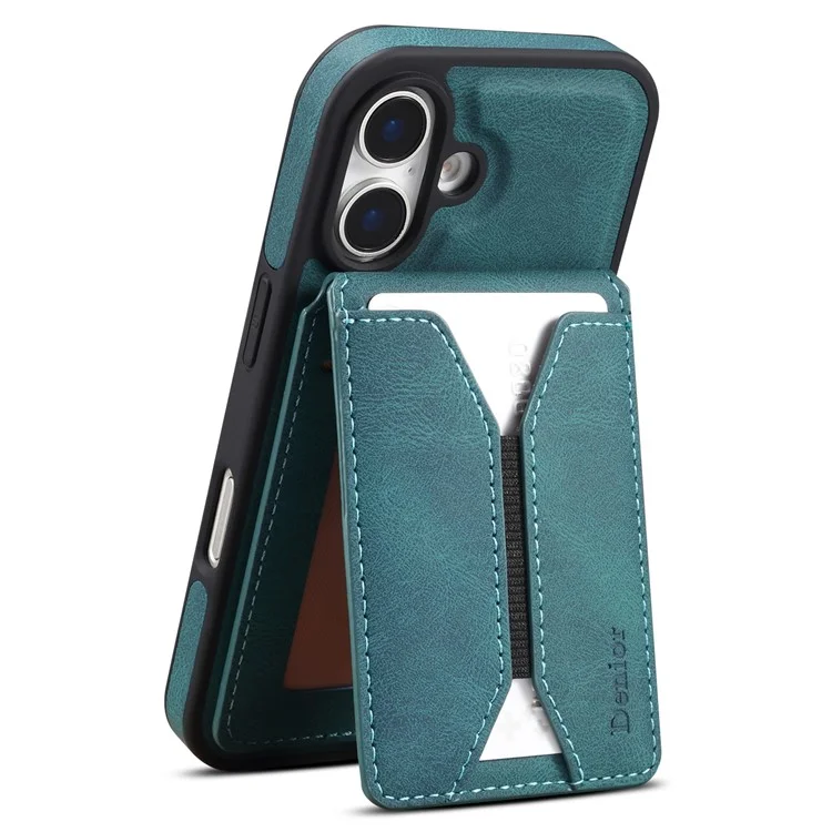 Funda para iPhone 16 DENIOR D18 con anillo, soporte y tarjetero de cuero + PC + TPU - Azul