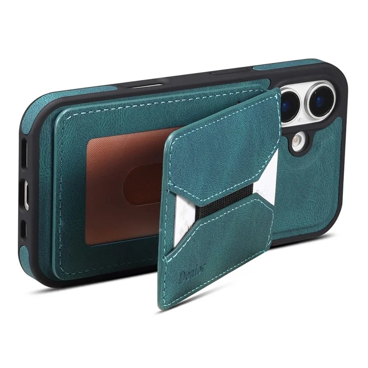Funda para iPhone 16 DENIOR D18 con anillo, soporte y tarjetero de cuero + PC + TPU - Azul