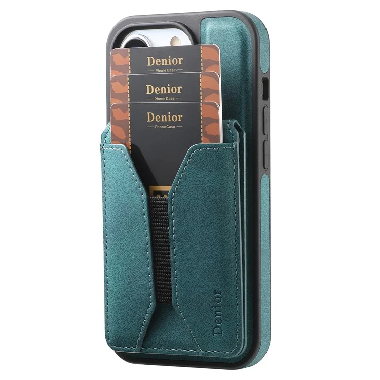 Funda para iPhone 16 DENIOR D18 con anillo, soporte y tarjetero de cuero + PC + TPU - Azul