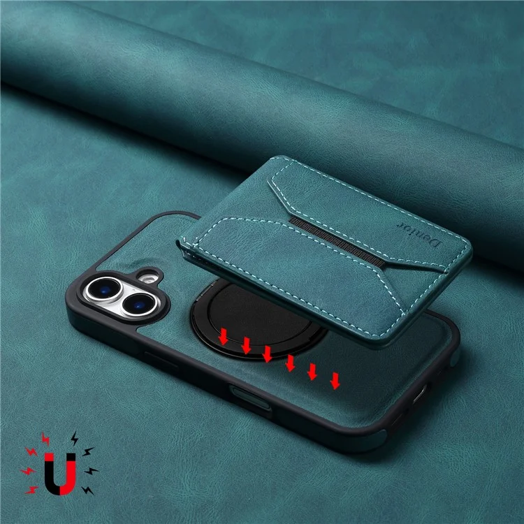 Funda para iPhone 16 DENIOR D18 con anillo, soporte y tarjetero de cuero + PC + TPU - Azul