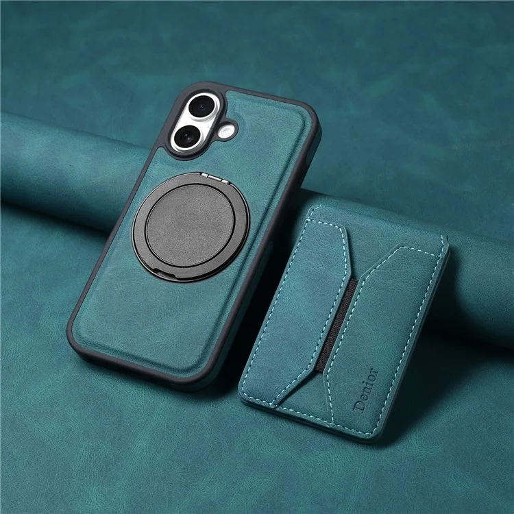 Funda para iPhone 16 DENIOR D18 con anillo, soporte y tarjetero de cuero + PC + TPU - Azul