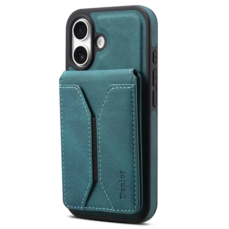Custodia per iPhone 16 Plus DENIOR D18 con anello, supporto, rivestimento in pelle PC TPU e porta carte - Blu
