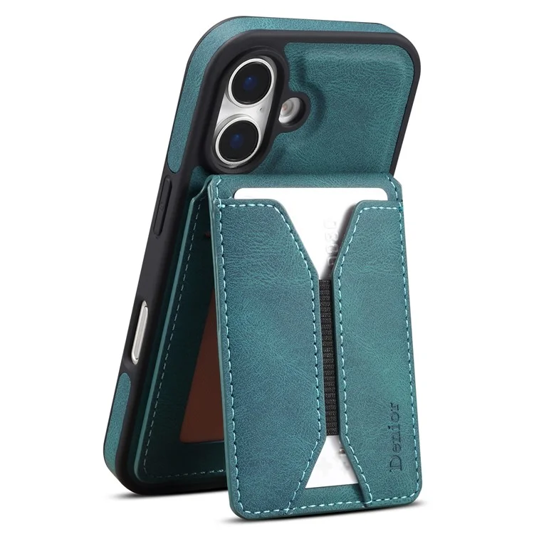 Custodia per iPhone 16 Plus DENIOR D18 con anello, supporto, rivestimento in pelle PC TPU e porta carte - Blu