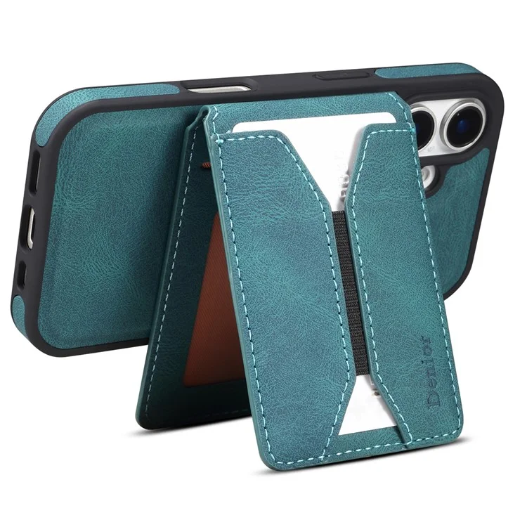 Custodia per iPhone 16 Plus DENIOR D18 con anello, supporto, rivestimento in pelle PC TPU e porta carte - Blu