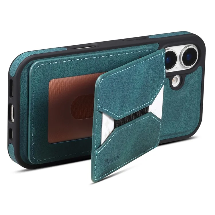 Custodia per iPhone 16 Plus DENIOR D18 con anello, supporto, rivestimento in pelle PC TPU e porta carte - Blu
