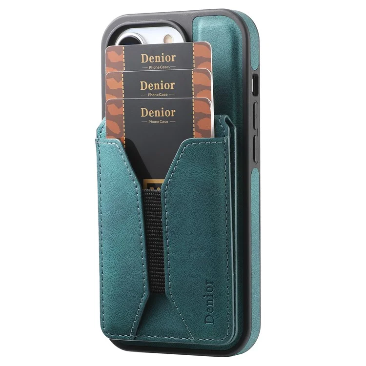 Custodia per iPhone 16 Plus DENIOR D18 con anello, supporto, rivestimento in pelle PC TPU e porta carte - Blu