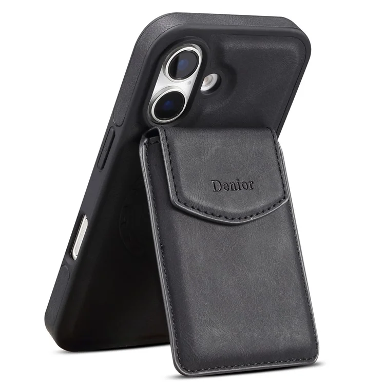 DENIOR D19 Custodia magnetica in pelle+PC+TPU per iPhone 16 con tasca staccabile per carte - Nero