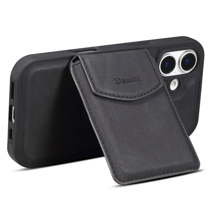 DENIOR D19 Custodia magnetica in pelle+PC+TPU per iPhone 16 con tasca staccabile per carte - Nero