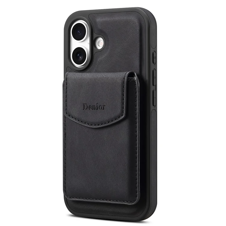 DENIOR D19 Custodia magnetica in pelle+PC+TPU per iPhone 16 con tasca staccabile per carte - Nero