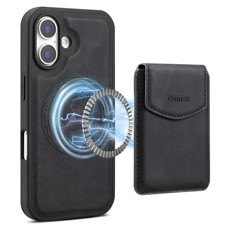 Funda magnética DENIOR D19 para iPhone 16 Plus de cuero + PC + TPU con bolsa extraíble para tarjetas - Negro