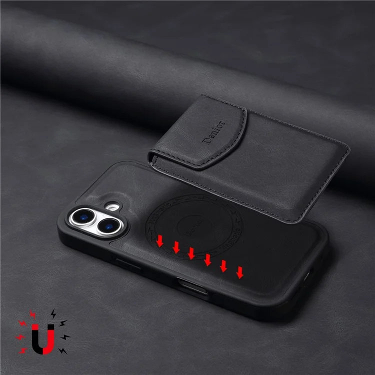 Funda magnética DENIOR D19 para iPhone 16 Plus de cuero + PC + TPU con bolsa extraíble para tarjetas - Negro