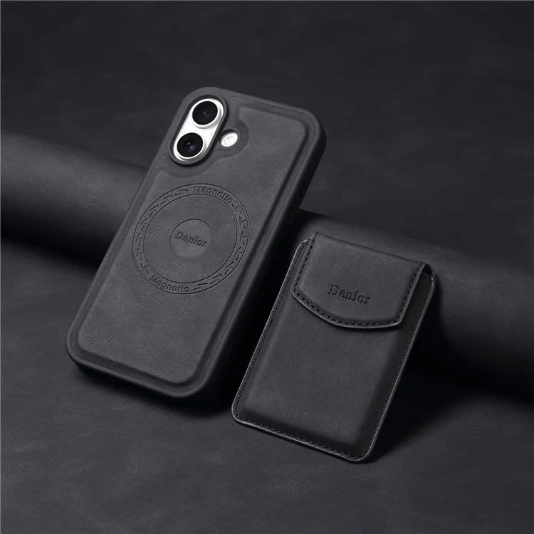 Funda magnética DENIOR D19 para iPhone 16 Plus de cuero + PC + TPU con bolsa extraíble para tarjetas - Negro