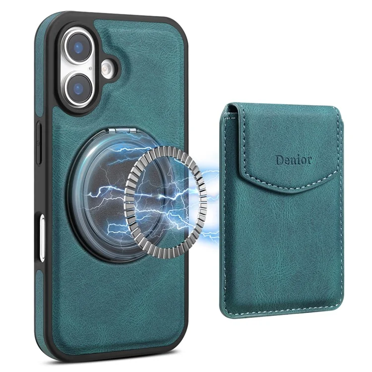 Capa para iPhone 16 DENIOR D20 com bolsa destacável para cartões, suporte rotativo e cobertura de couro+PC+TPU - Azul