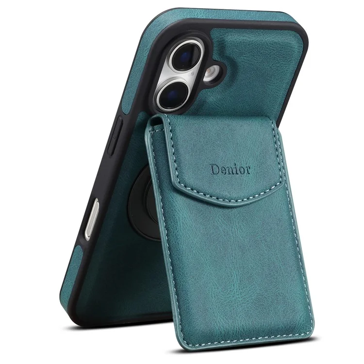 Capa para iPhone 16 DENIOR D20 com bolsa destacável para cartões, suporte rotativo e cobertura de couro+PC+TPU - Azul