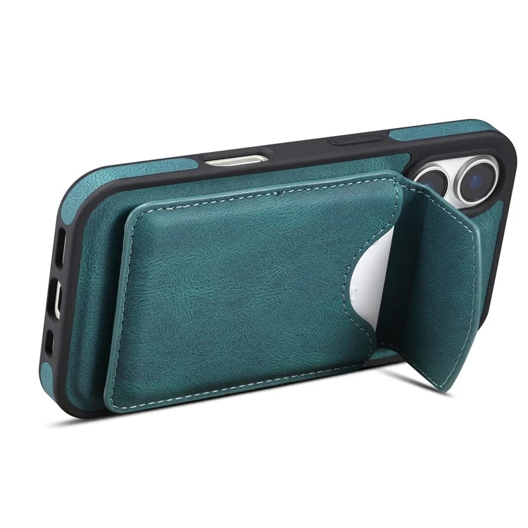 Capa para iPhone 16 DENIOR D20 com bolsa destacável para cartões, suporte rotativo e cobertura de couro+PC+TPU - Azul