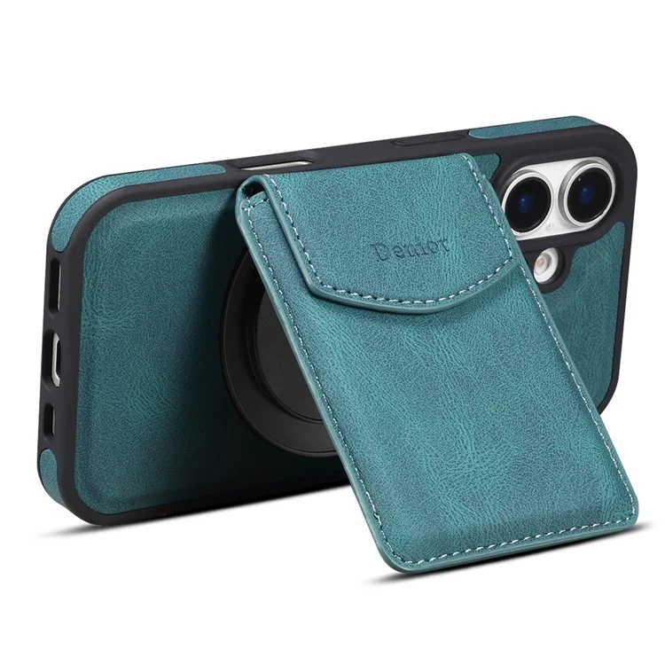 Capa para iPhone 16 DENIOR D20 com bolsa destacável para cartões, suporte rotativo e cobertura de couro+PC+TPU - Azul