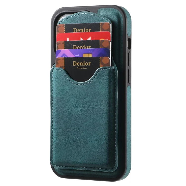 Capa para iPhone 16 DENIOR D20 com bolsa destacável para cartões, suporte rotativo e cobertura de couro+PC+TPU - Azul