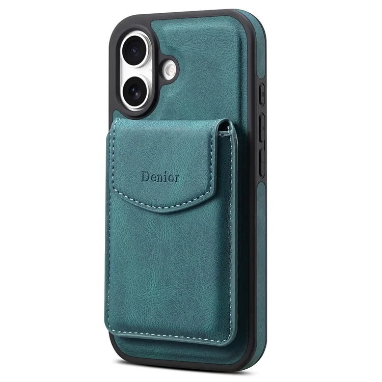 Capa para iPhone 16 DENIOR D20 com bolsa destacável para cartões, suporte rotativo e cobertura de couro+PC+TPU - Azul