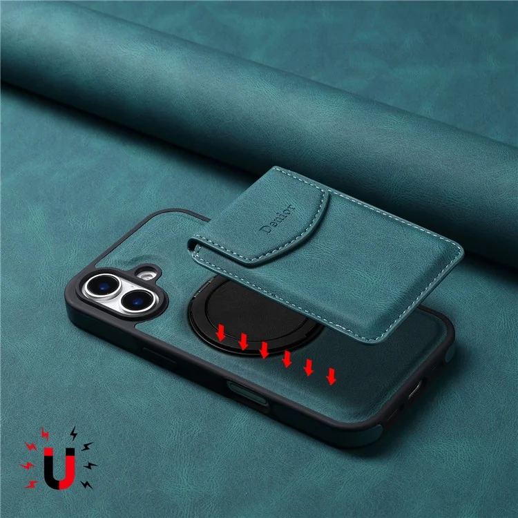 Capa para iPhone 16 DENIOR D20 com bolsa destacável para cartões, suporte rotativo e cobertura de couro+PC+TPU - Azul
