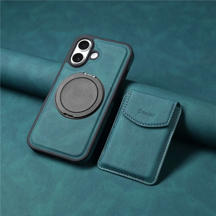 Capa para iPhone 16 DENIOR D20 com bolsa destacável para cartões, suporte rotativo e cobertura de couro+PC+TPU - Azul