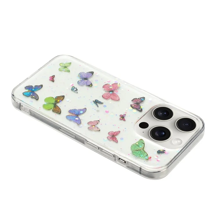 Custodia per iPhone 13 Pro Max Anti Caduta TPU Cover Posteriore per Telefono Glitter Epossidico Farfalla - Rosa