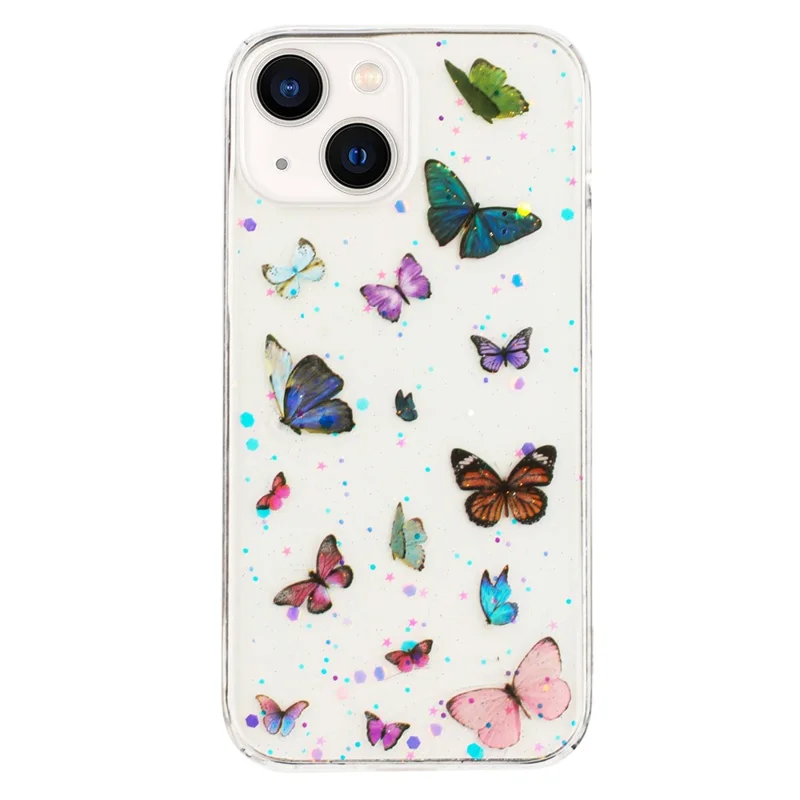 For iPhone 14 Case Anti Drop TPU Phone Back Cover Epoxy Glitter Butterfly - Blue