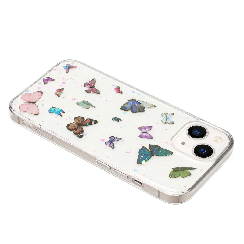 For iPhone 14 Case Anti Drop TPU Phone Back Cover Epoxy Glitter Butterfly - Blue