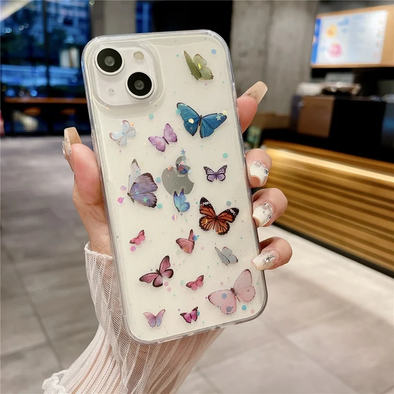 For iPhone 14 Case Anti Drop TPU Phone Back Cover Epoxy Glitter Butterfly - Blue