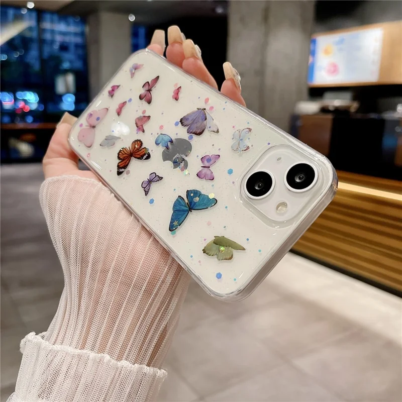 For iPhone 14 Case Anti Drop TPU Phone Back Cover Epoxy Glitter Butterfly - Blue