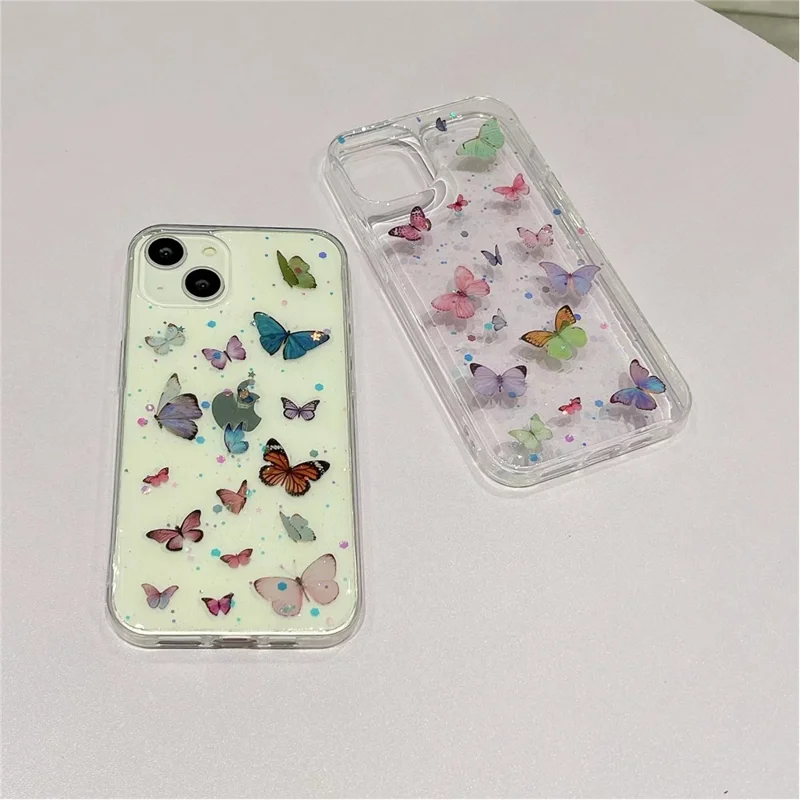 For iPhone 14 Case Anti Drop TPU Phone Back Cover Epoxy Glitter Butterfly - Blue