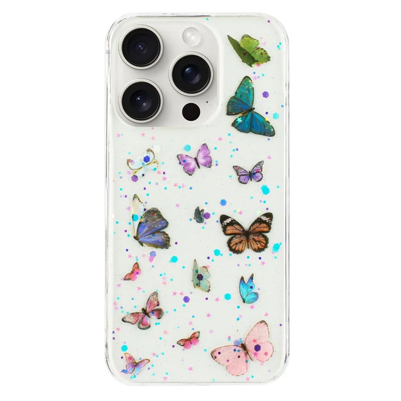 For iPhone 14 Pro Case Anti Drop TPU Phone Back Cover Epoxy Glitter Butterfly - Blue