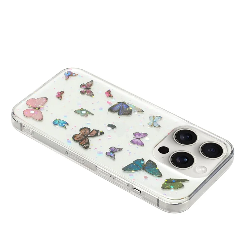 For iPhone 14 Pro Max Case Anti Drop TPU Phone Back Cover Epoxy Glitter Butterfly - Blue
