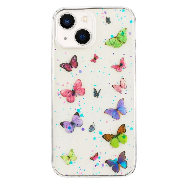 Funda para iPhone 15 Anti Caída Cubierta Trasera de Teléfono TPU Epoxy Glitter Mariposa - Rosa