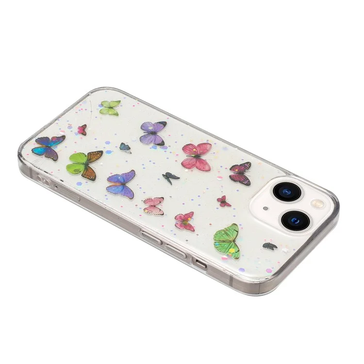 Funda para iPhone 15 Anti Caída Cubierta Trasera de Teléfono TPU Epoxy Glitter Mariposa - Rosa