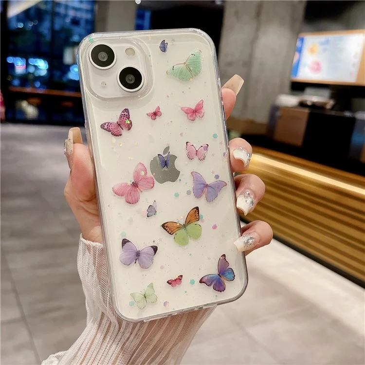 Funda para iPhone 15 Anti Caída Cubierta Trasera de Teléfono TPU Epoxy Glitter Mariposa - Rosa