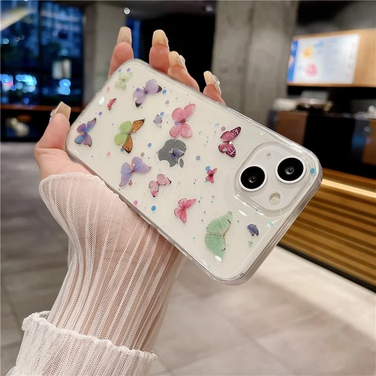 Funda para iPhone 15 Anti Caída Cubierta Trasera de Teléfono TPU Epoxy Glitter Mariposa - Rosa