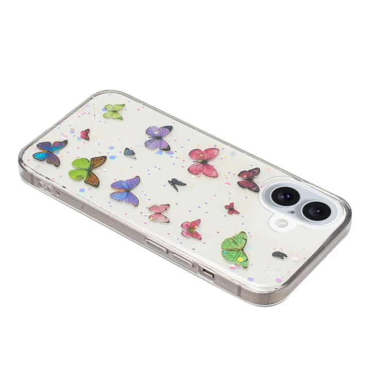 Funda para iPhone 16 a prueba de caídas, cubierta trasera de TPU con purpurina y mariposa - Rosa