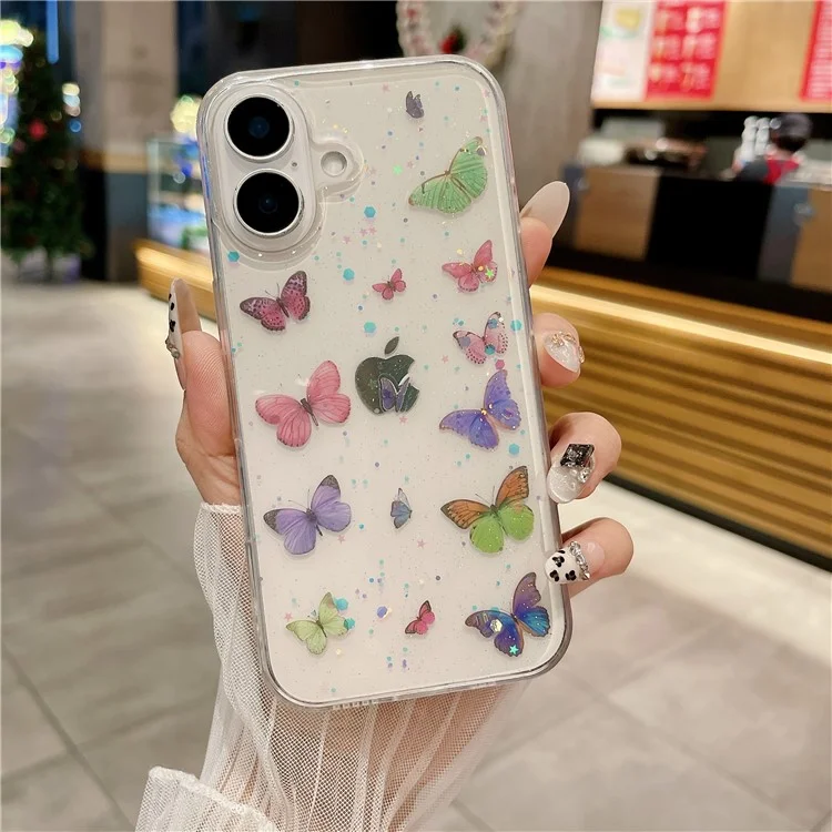 Funda para iPhone 16 a prueba de caídas, cubierta trasera de TPU con purpurina y mariposa - Rosa