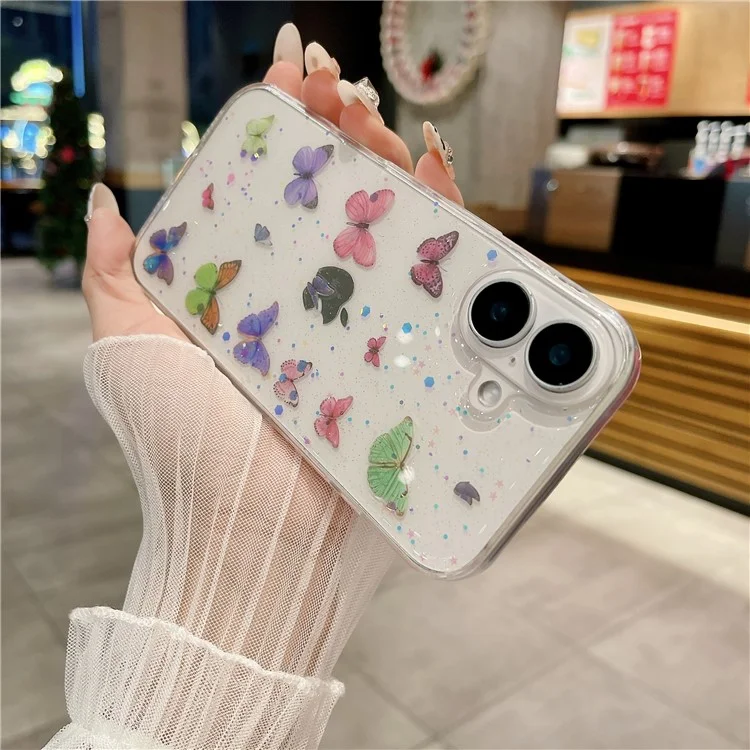 Funda para iPhone 16 a prueba de caídas, cubierta trasera de TPU con purpurina y mariposa - Rosa