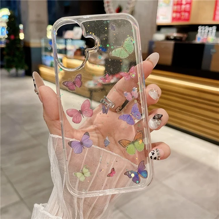 Funda para iPhone 16 a prueba de caídas, cubierta trasera de TPU con purpurina y mariposa - Rosa