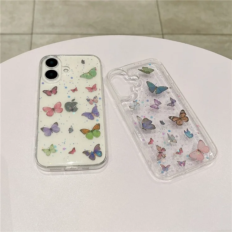 Funda para iPhone 16 a prueba de caídas, cubierta trasera de TPU con purpurina y mariposa - Rosa