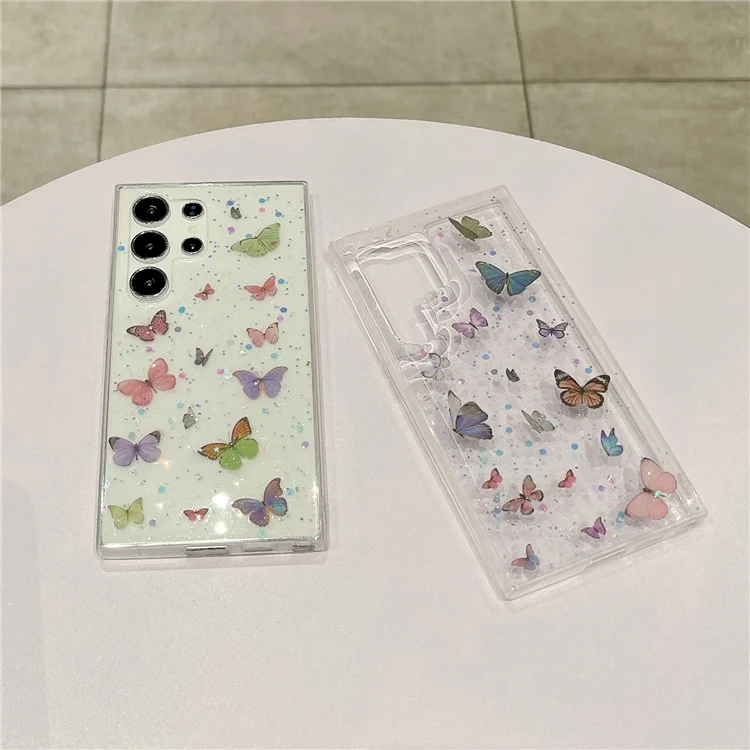 Funda para Samsung Galaxy S24 Ultra Anticaídas Cubierta trasera de teléfono de TPU Purpurina epoxi Mariposa - Rosa